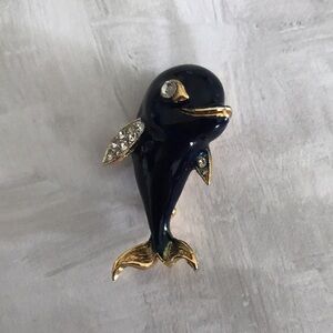 Adorable Dolphin Brooch / Pin; Blue Enamel & Pave Crystals; Gold Tone; Vintage